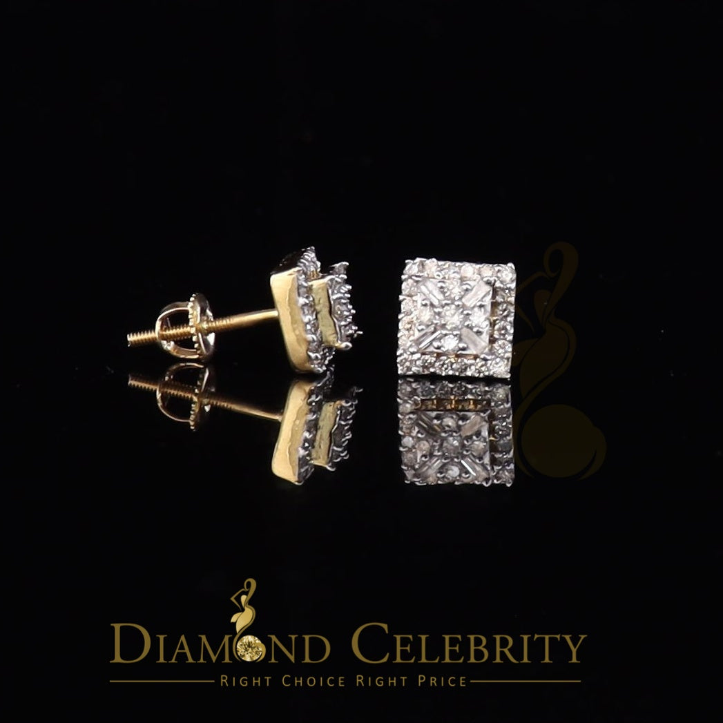 DiamondCelebritees 0.75 CT Real Diamond with 10K Real Yellow Gold Square Stud Earrings