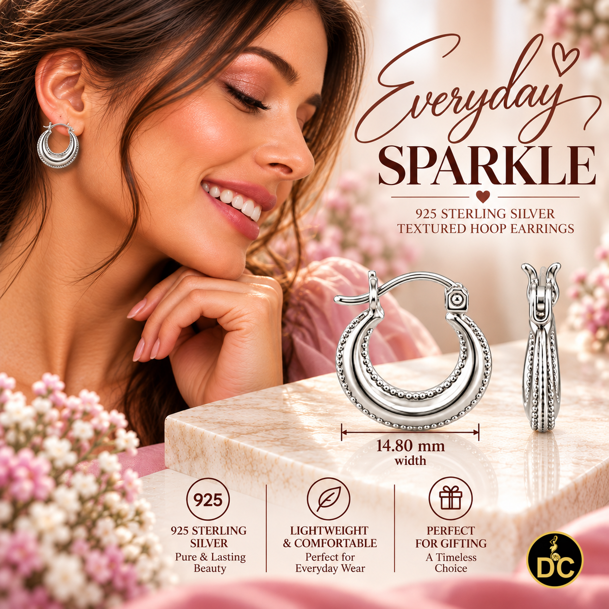 925 Sterling Silver Double-Row Beaded Hallow Vintage Balinese 15mm Hoop Earring