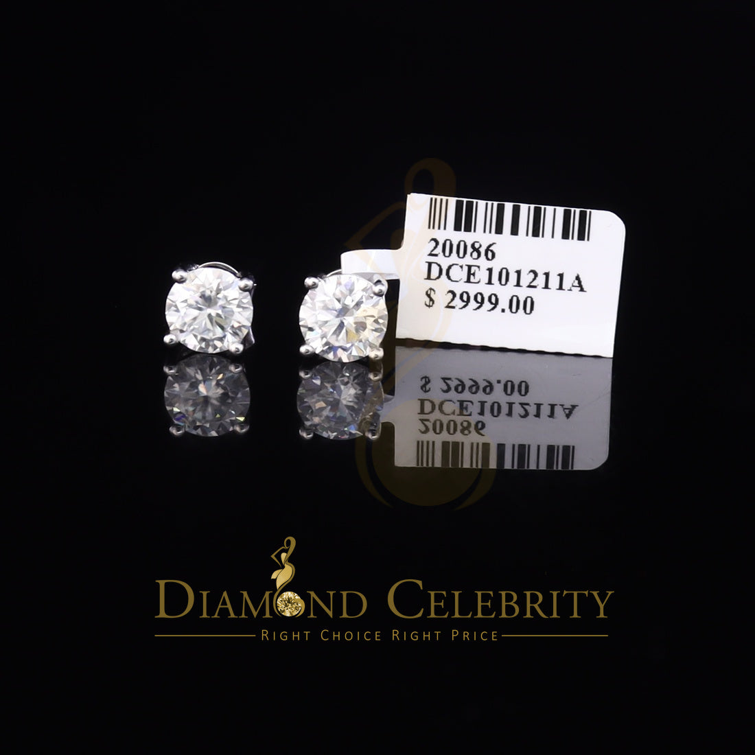 DiamondCelebritees 10k Real White Gold with 3.00ct Round VVS 'D' Color Moissanite Stud Earrings