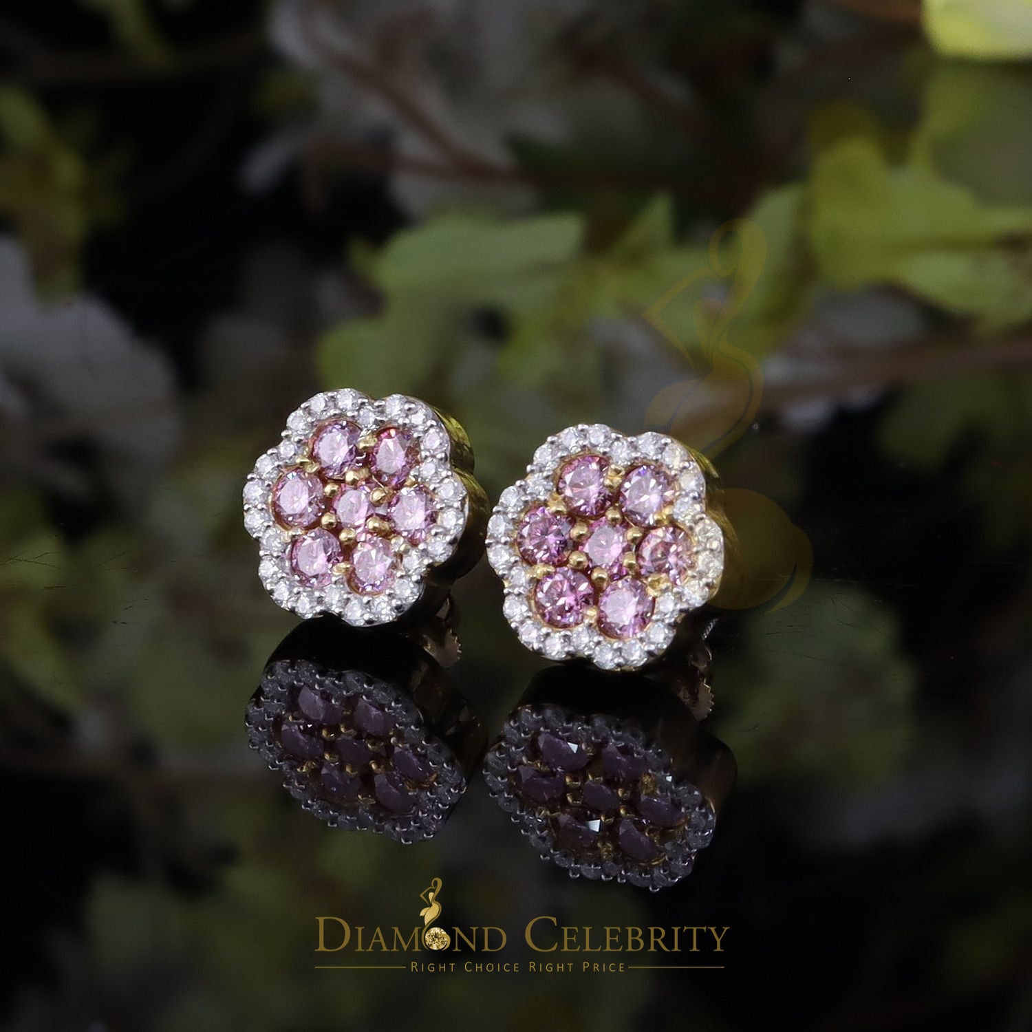 DiamondCelebritees Mens/Women's 925 Silver Yellow 1.50ct VVS D Pink Moissanite Floral Stud Earrings