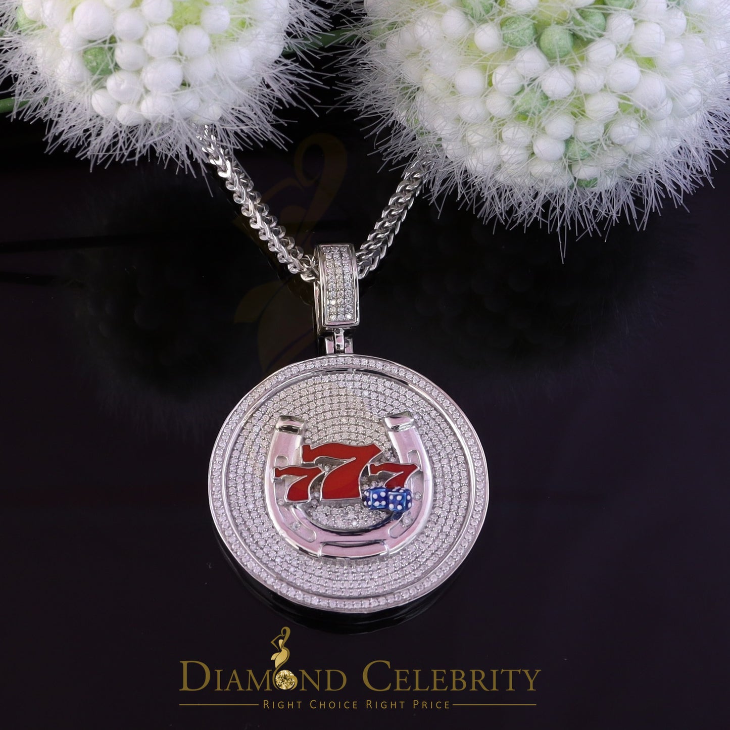 Diamondcelebritees  Gamble W/2.00ct Moissanite White 925 Silver Lucky 777 W/Dice Horse Shoes Pendant