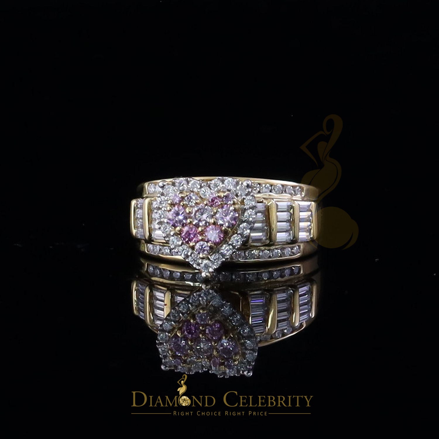 DiamondCelebritees Women 2.50ct 925 Silver VVS 'D' Pink Moissanite Yellow Cinderella HEART Ring SZ 7
