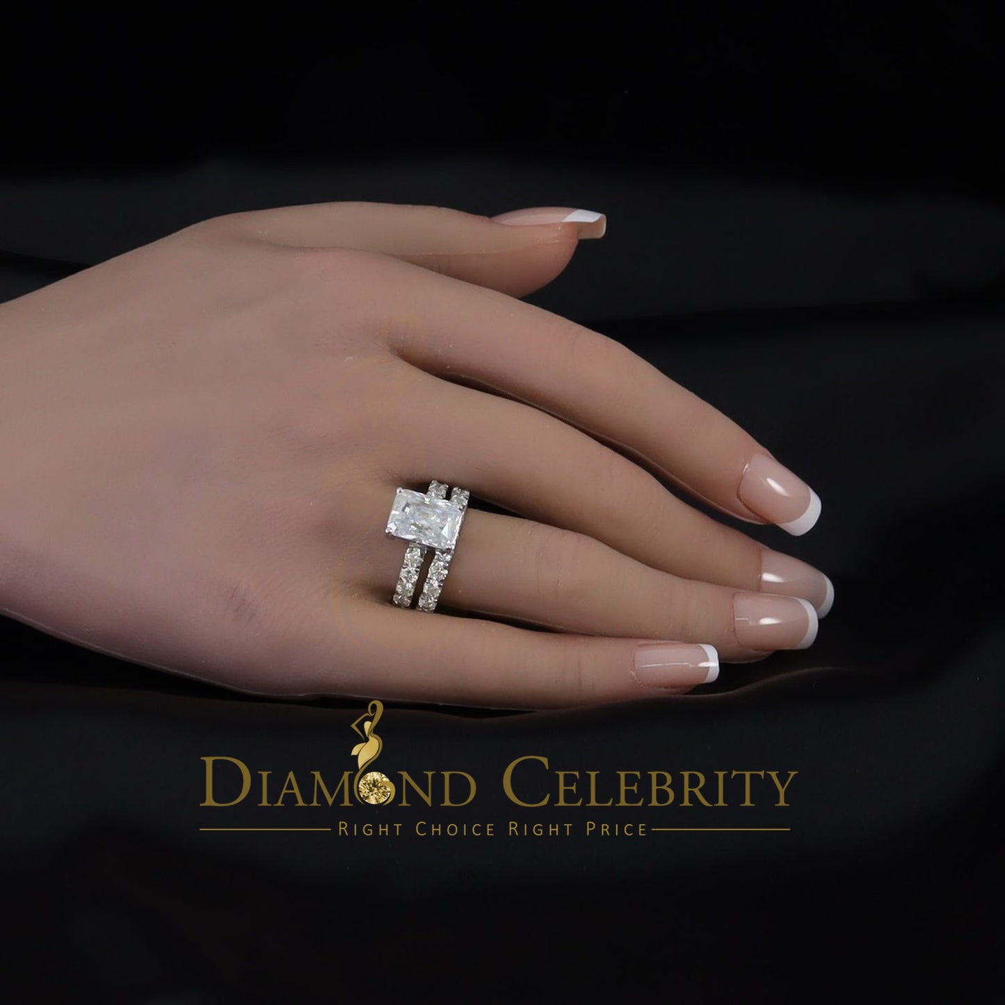 DiamondCelebritees 925 Silver Mens/Women Bridal Rings Emerald Shape Size 8 White 7.00ct Moissanite