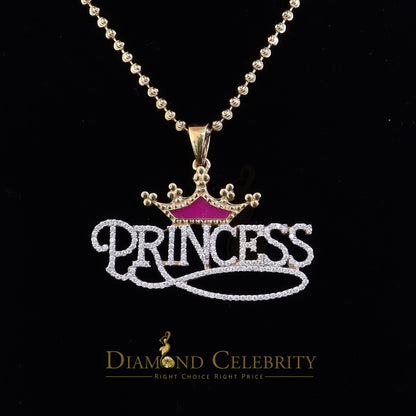 Diamondcelebritees 3ct Real Moissanite 925 "Silver PRINCESS" with Pink Enamel CROWN Yellow Pendant
