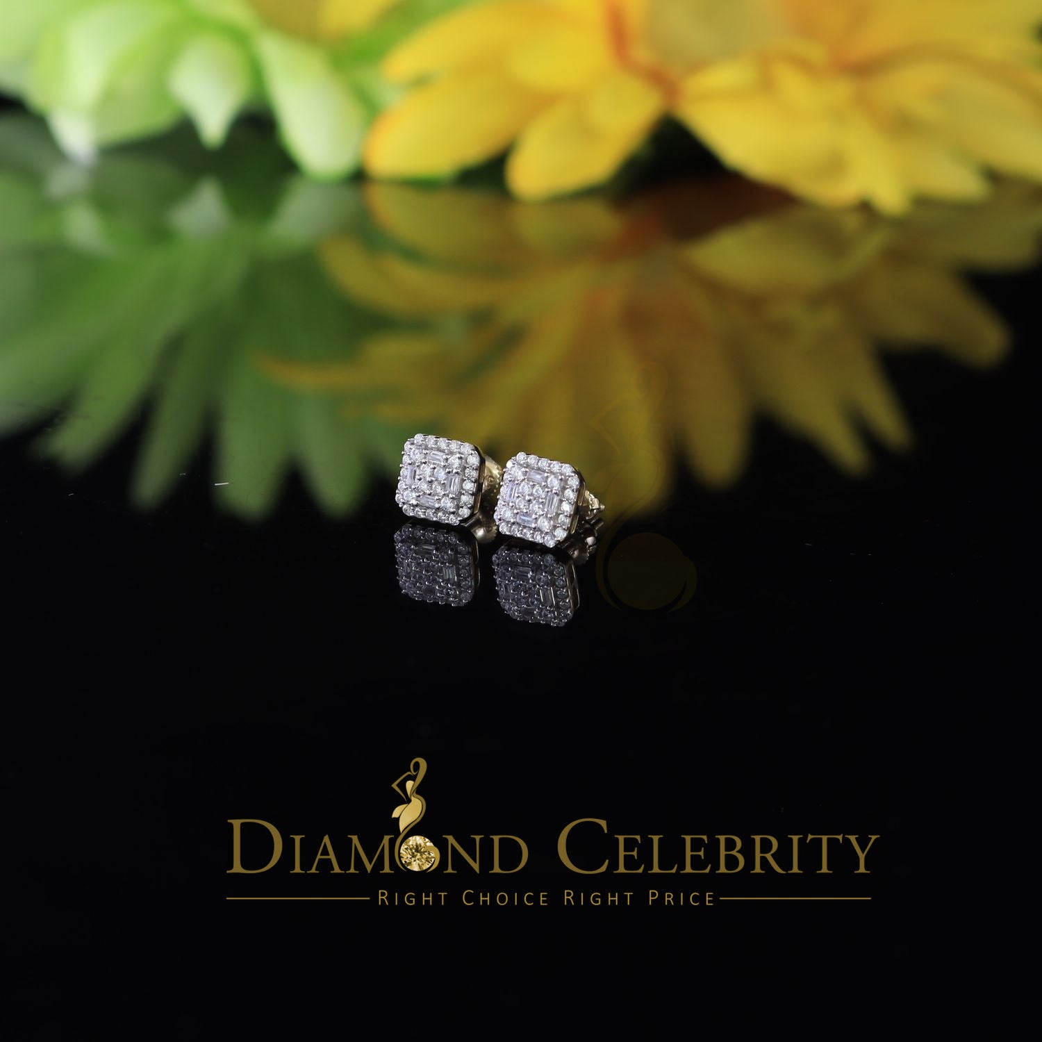 DiamondCelebritees  0.98ct Cubic Zirconia 925 Yellow Silver Women's & Men's Hip Hop Square Earrings