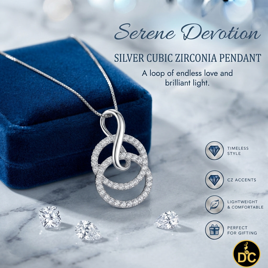 DiamondCelebritees White Silver Pendant Double Circle With Infinite Necklace 1.44ct Cubic Zirconia