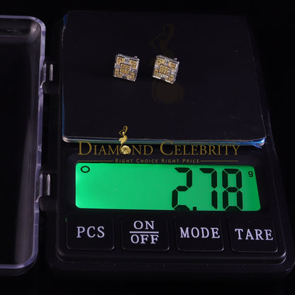 King Of Bling's 0.15ct Round Yellow Diamond 3D Square Earring 925 Sterling White Silver for men