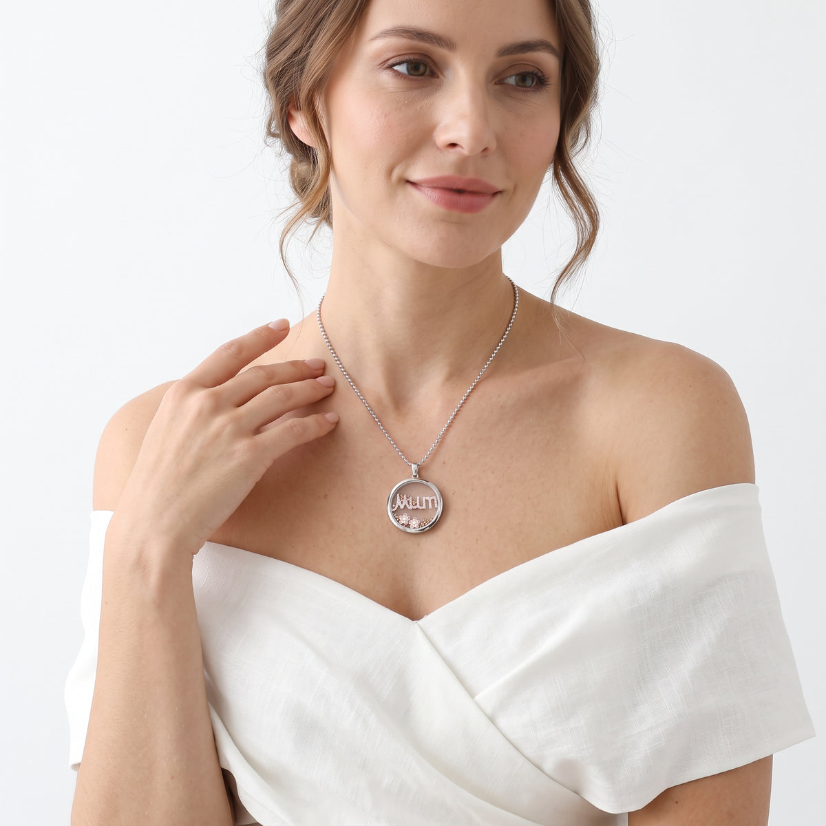 DiamondCelebritees 925 White Sterling Silver Mom Floating flower / beads Charm Glass CZ Pendant