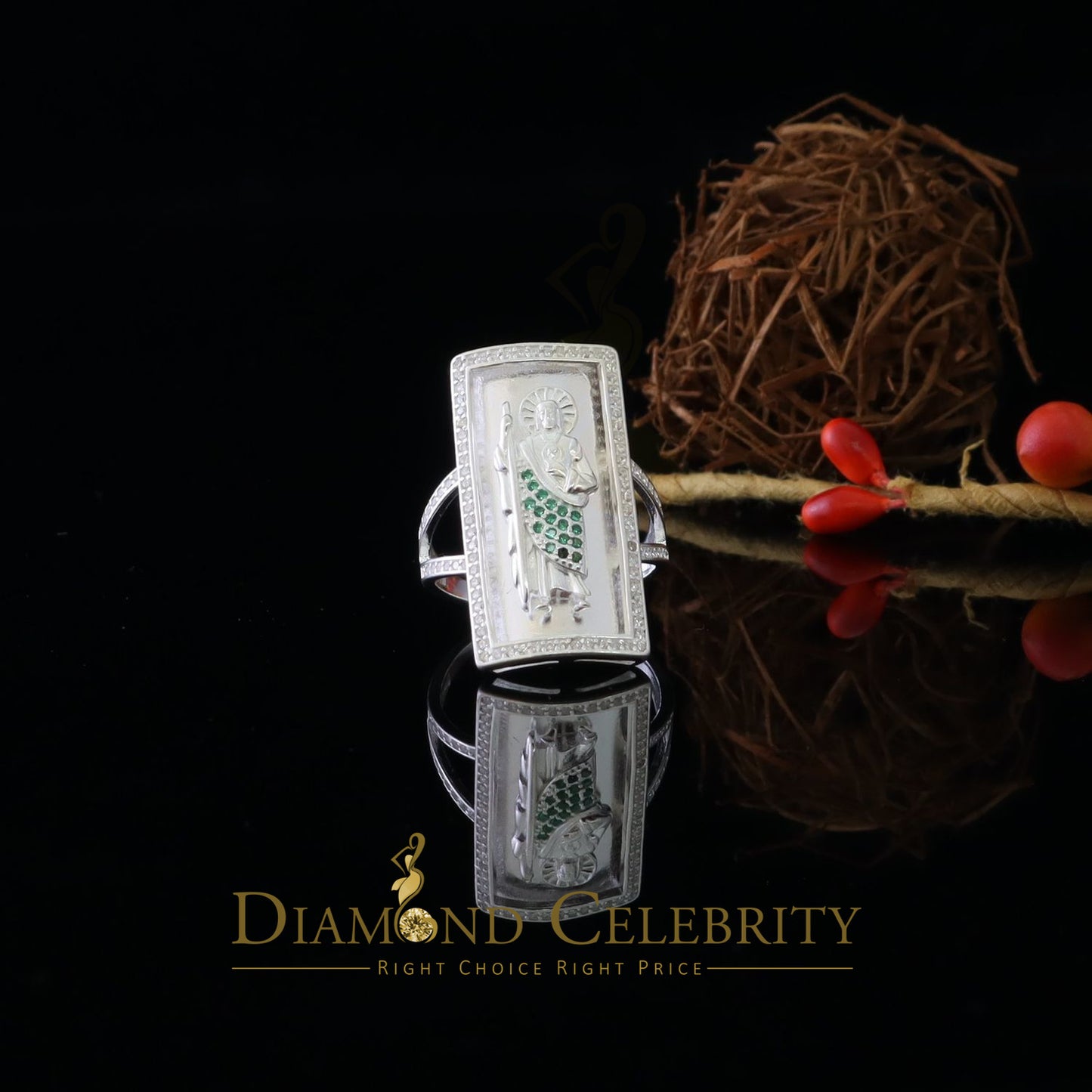 DiamondCelebritees 925 Sterling Silver St. Jude Green CZ White Religious Women's Ring Size 8.5